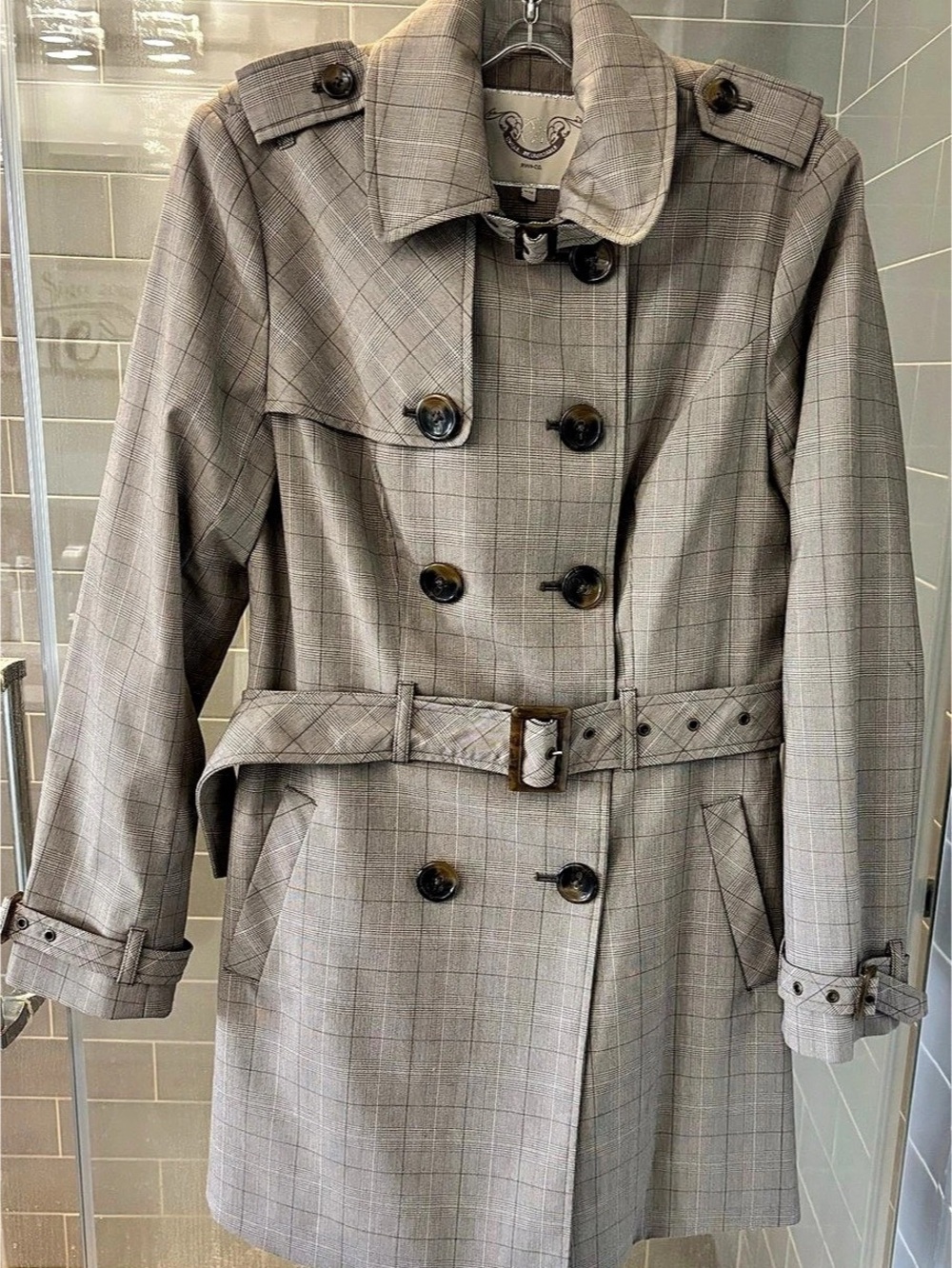 RW&CO Plaid Belted Trench Coat in Beige